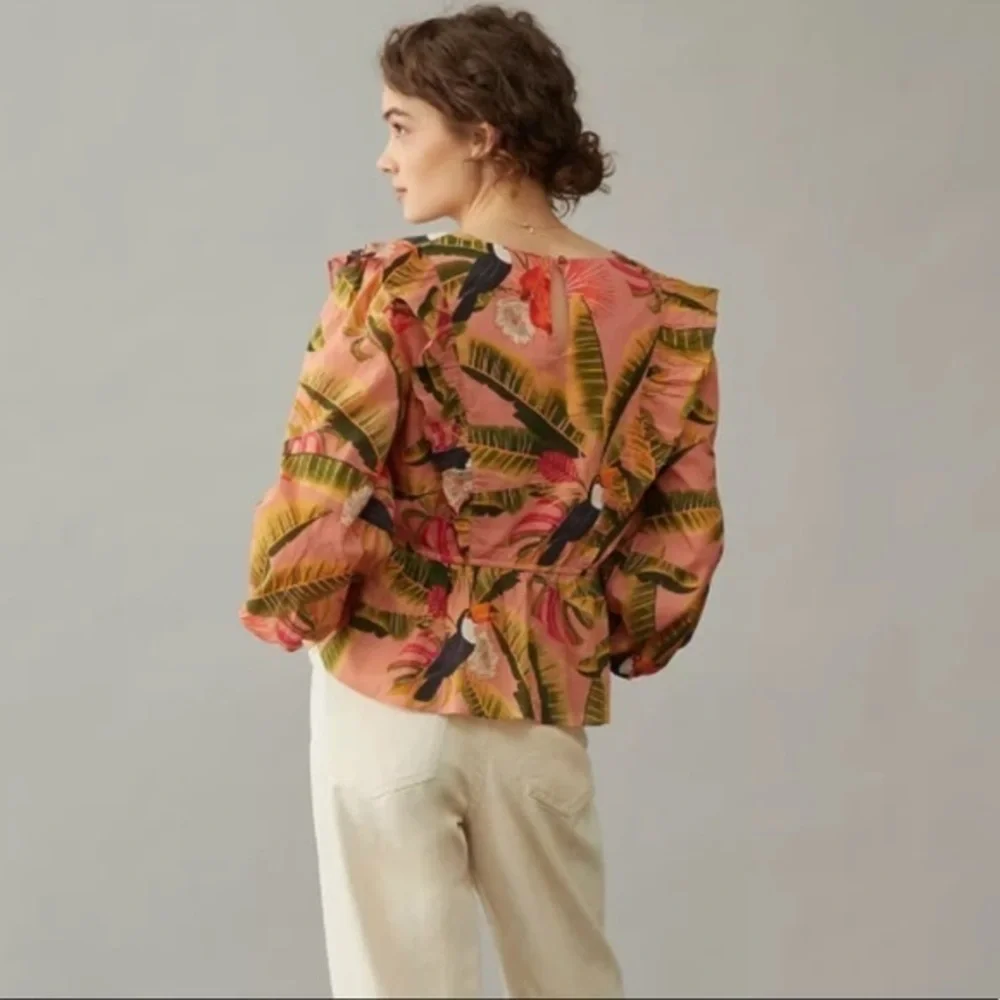 NWT Farm Rio Yasmine Ruffled Blouse Pink Combo Anthropologie Womens Top Tropical - Picture 4 of 14